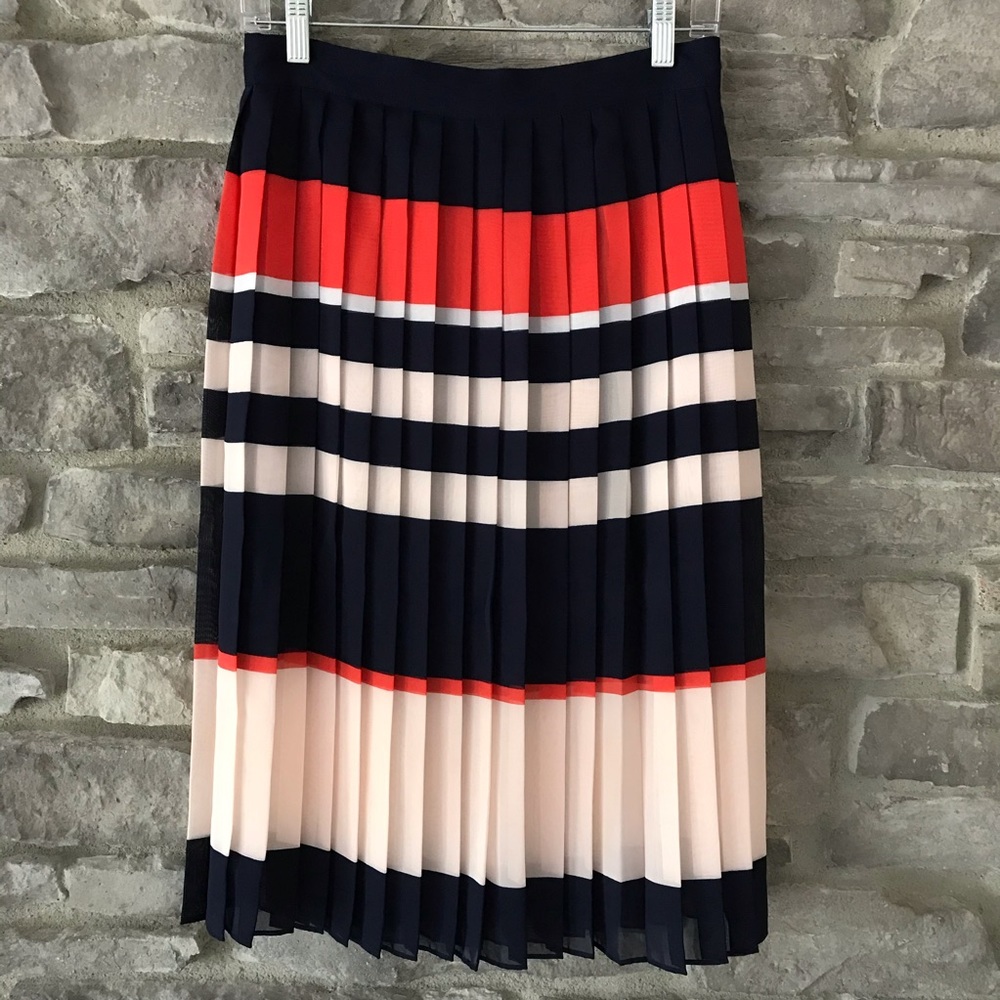 NWOT Maison Jules Size 4 Pleated Midi Skirt with Navy/White/Orange/Blush Stripes